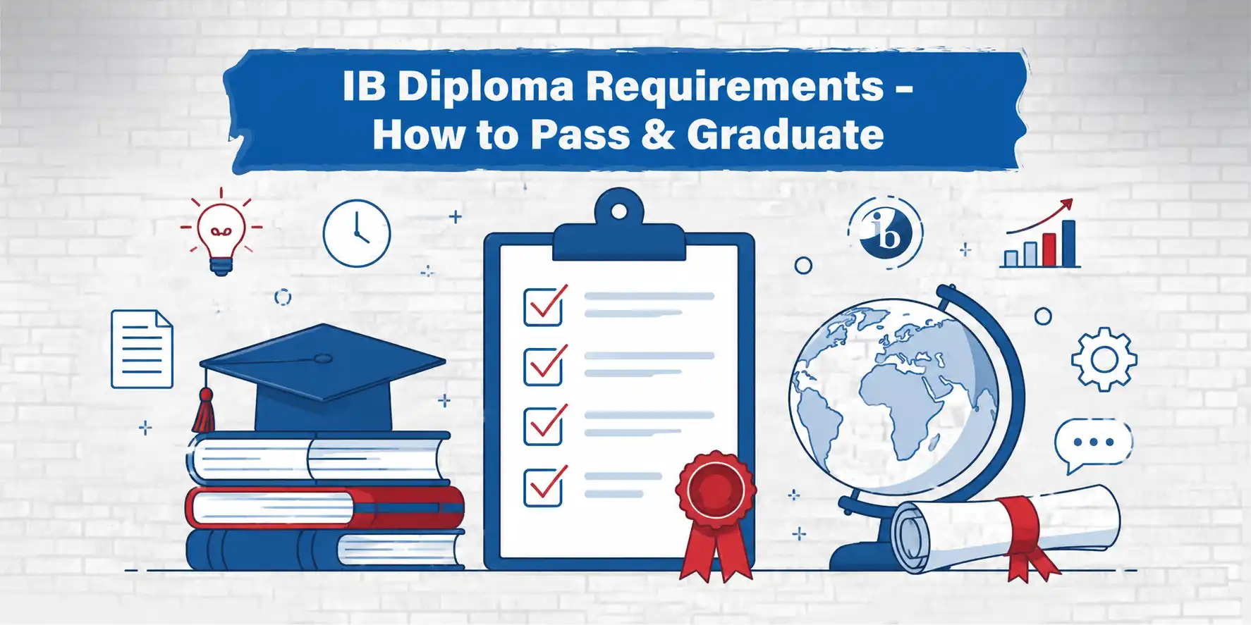 IB Diploma requirements checklist showing how students can pass and graduate with subjects, scores and core components